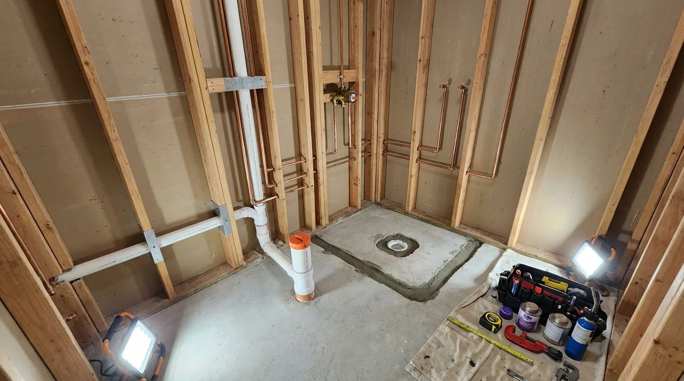 Bathroom rough-in plumbing during remodel by Johns Plumbing LLC in Summit