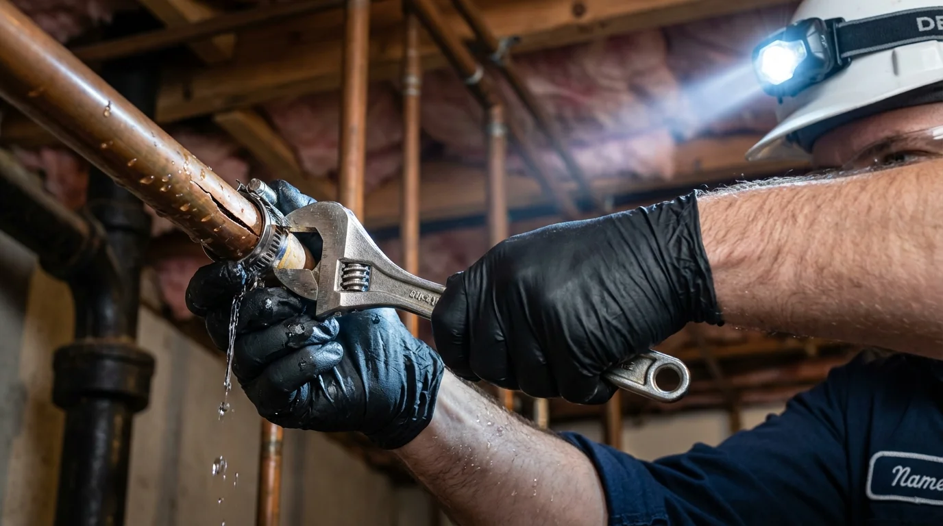 Emergency pipe clamp repair being performed by a Johns Plumbing LLC plumber in Summit