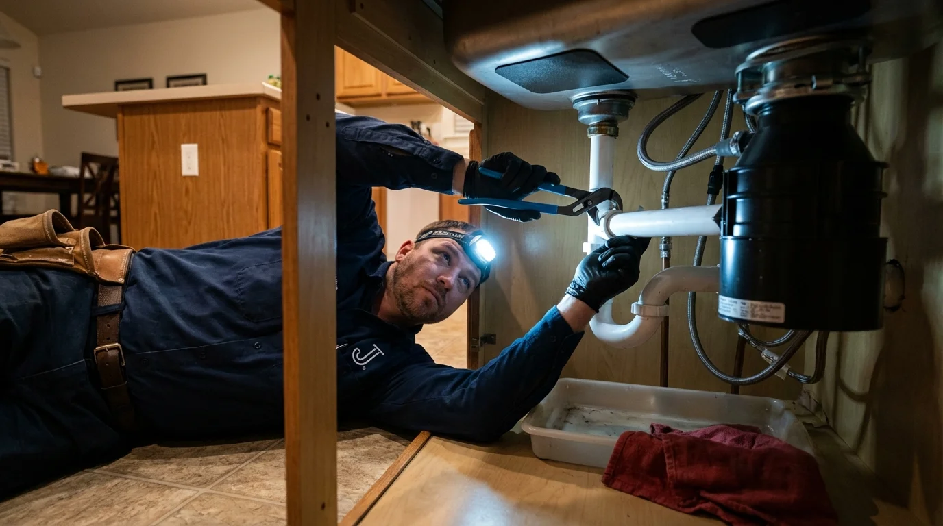 P-trap and supply line connections under a kitchen sink showing a common leak point in Summit, MS